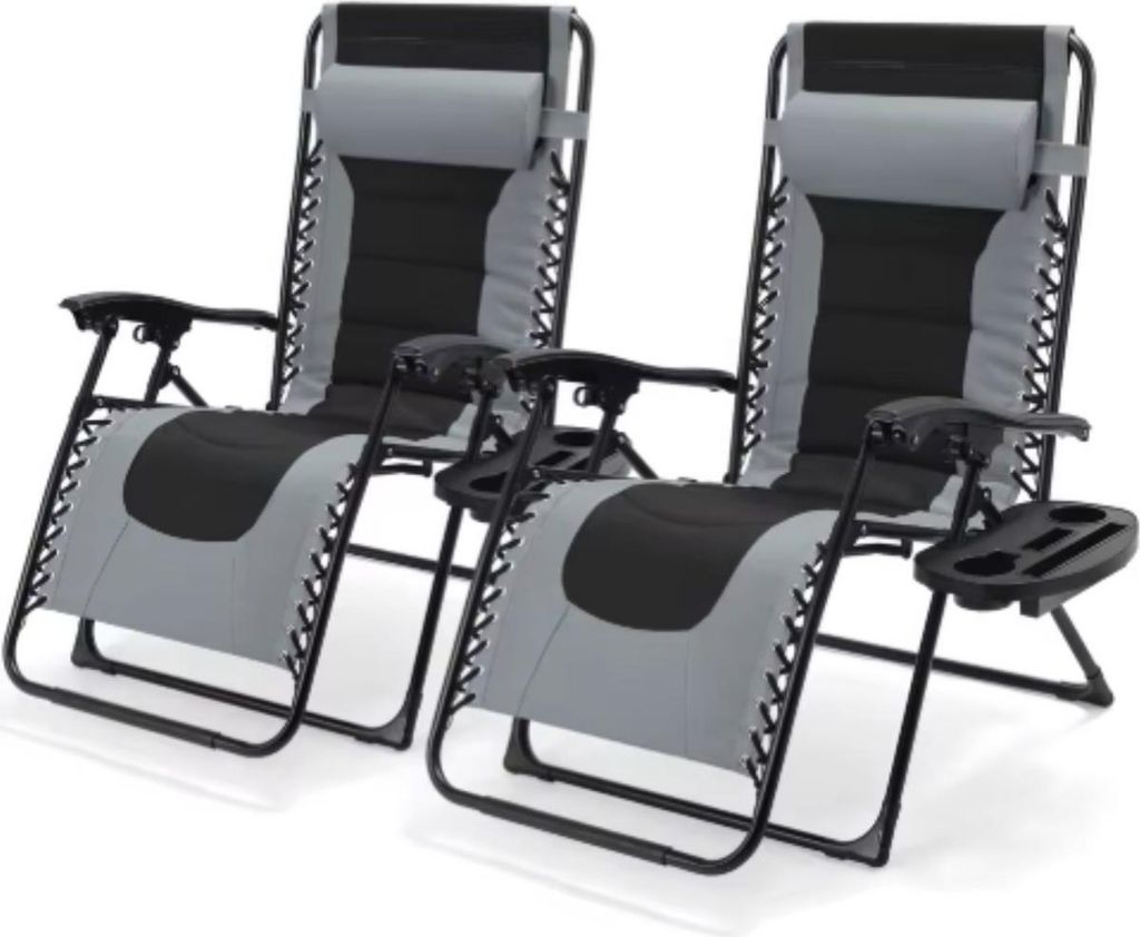 Gepolsterter Zero-Gravity-Loungesessel – Grau – Verstellbarer Garten- & Liegestuhl – Inkl. Kopfstütze & Getränkehalter – 2er set – Aufk...