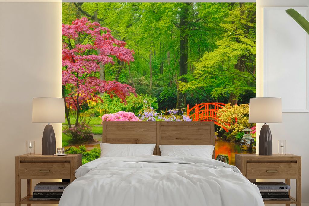 MuchoWow Fototapete für Wohnzimmer oder Schlafzimmer Wandtapete Vinyl Motivtapete Brücke - Japanisch - Botanisch - Bäume - Blumen - 280x280 cm...