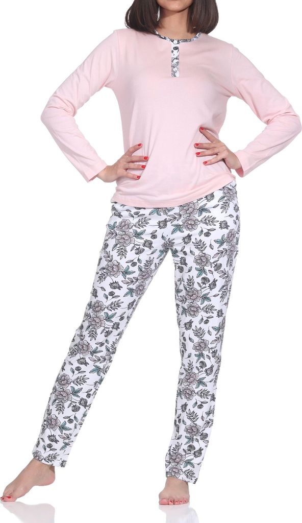 Normann Damen Pyjama Schlafanzug lang mit Hose in floralem Print - auch in Übergrössen ; rosa , 52