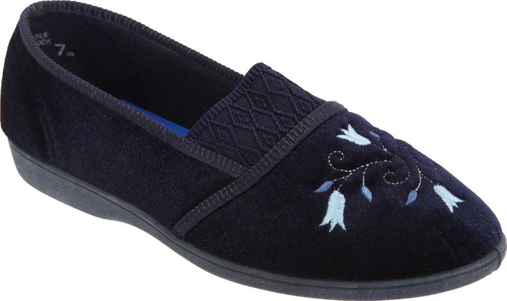 Sleepers Inez Damen Hausschuhe / Pantoffeln mit Blumen-Stickerei DF525 (39 EUR) (Marineblau)