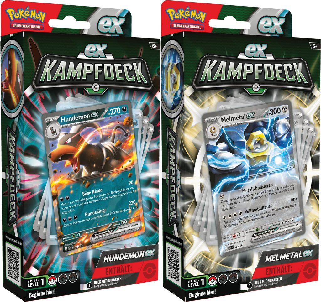 Two Pokemon TCG EX-Kampfdeck boxes are shown side-by-side, each displaying a prominent Pokemon card.