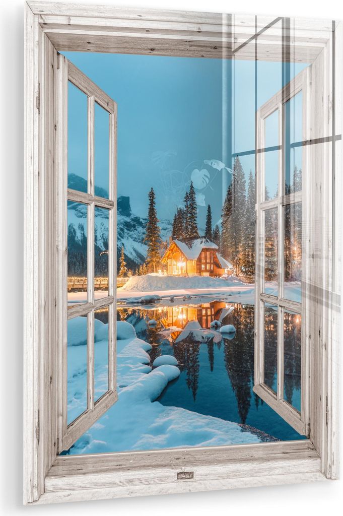 MuchoWow Glasbilder - Bilder auf Wandbild - Foto auf Glas Durchblick - Winterlandschaft - Natur - Haus - Berge 60x80 cm Wanddekoration aus Glas - A...