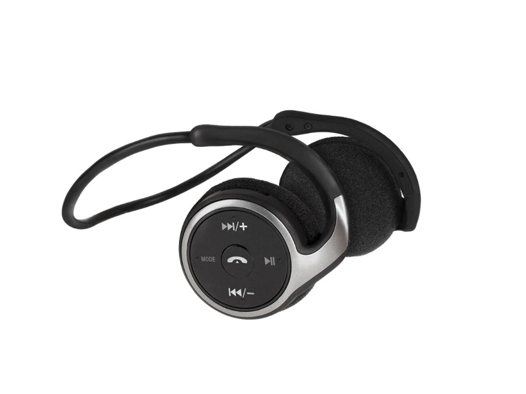 A pair of black and silver over-ear Bluetooth headphones is shown against a white background.