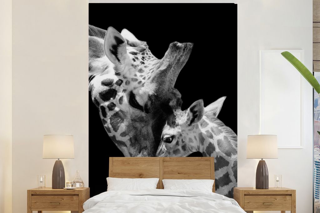 MuchoWow Fototapete für Wohnzimmer oder Schlafzimmer Wandtapete Vinyl Motivtapete Giraffe - Wildtiere - Porträt - Schwarz-Weiß - 195x300 cm - ...