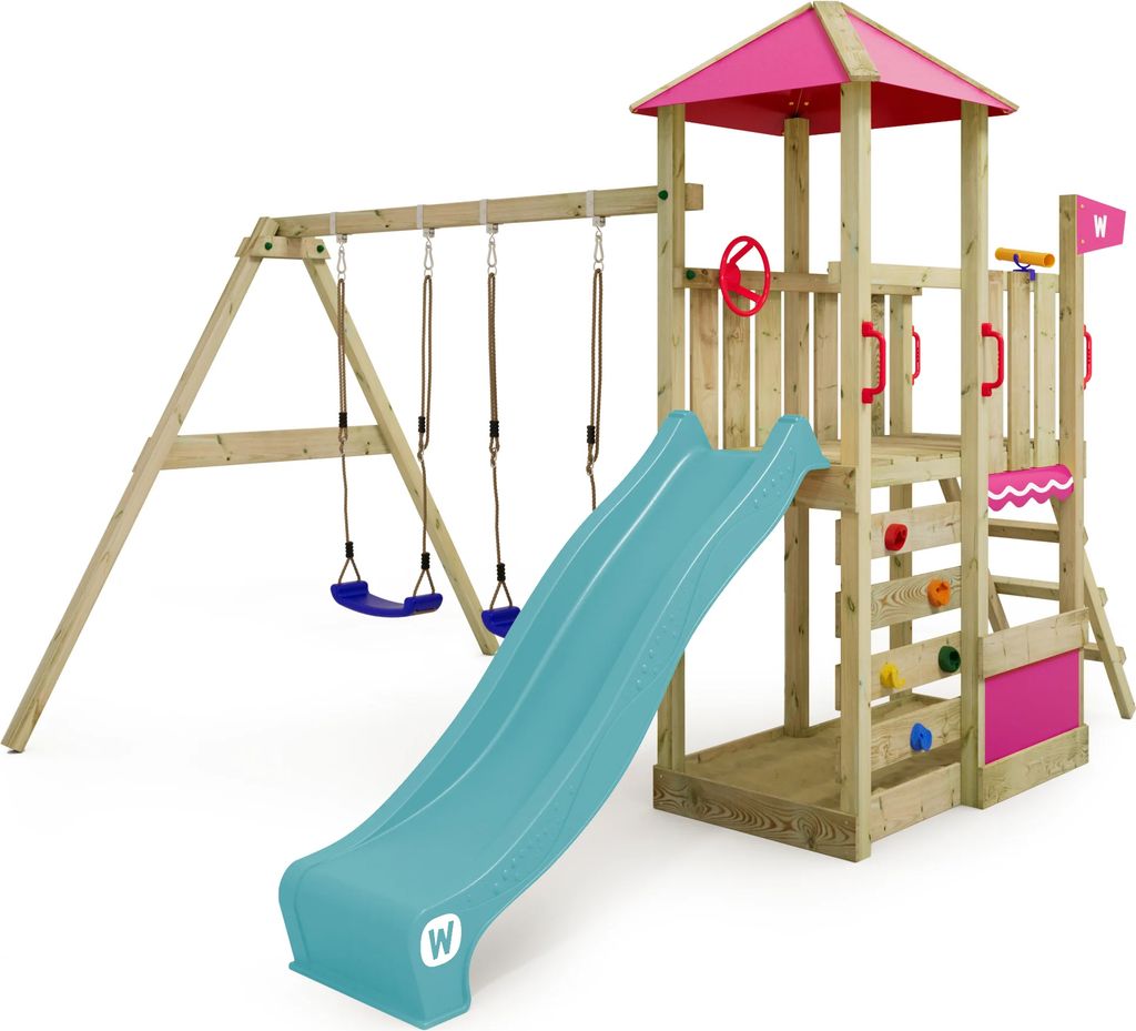 WICKEY Spielturm Klettergerüst Smart Savana mit Schaukel & Rutsche, Spielhaus mit Kletterleiter & Spiel-Zubehör – türkis
