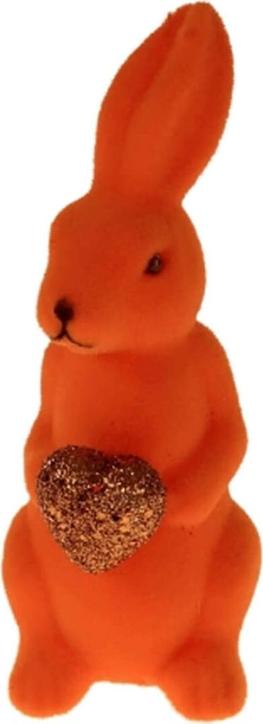 Lustige, stehende Hasen Figur Ostern Frühling ORANGE beflockt mit Herz Deko bunt