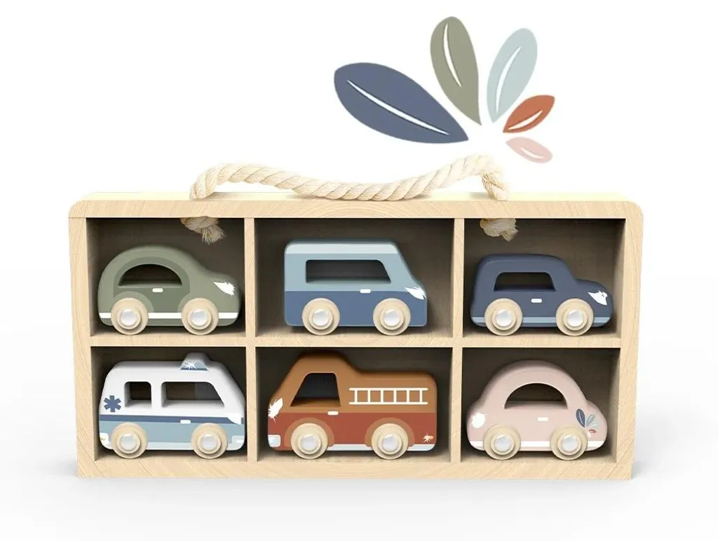Voitures en bois Speedy Monkey (6 pcs) - Bois robuste couleurs pastel durables