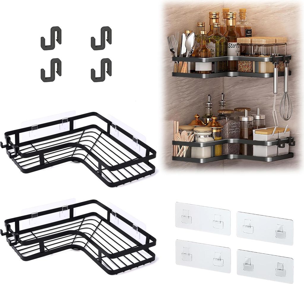 STILVORA Ablagen Eckregal Bad & WC, 2-stöckiges Wandregal ohne Bohren, Badezimmer, Küche, Balkon Aufbewahrung, Schwarz, Metall, Platzsparend & St...
