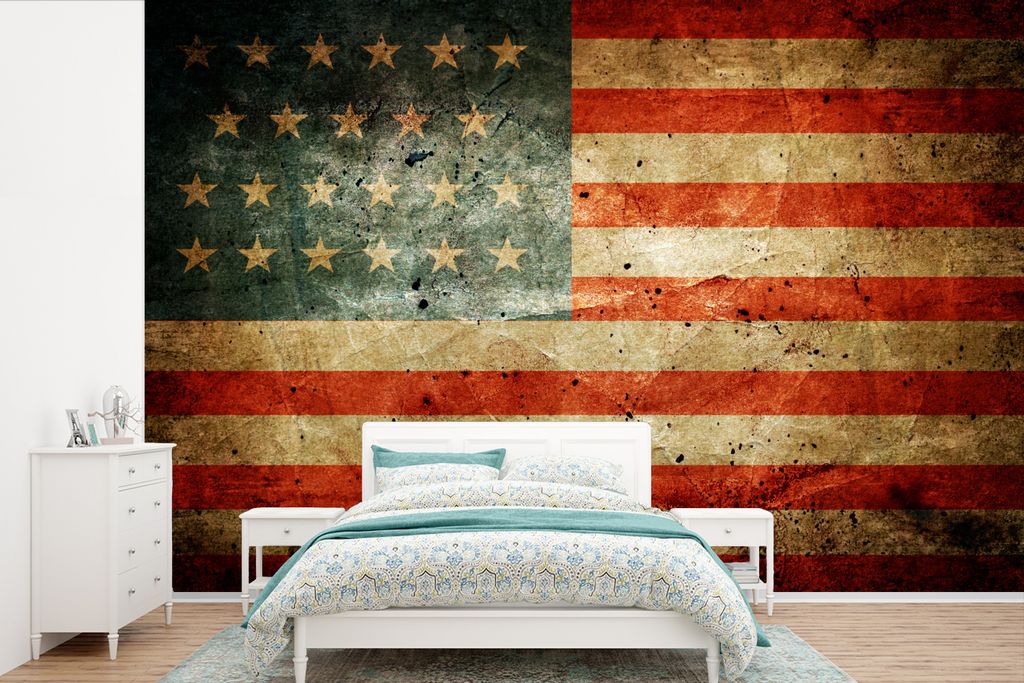 MuchoWow Fototapete für Wohnzimmer oder Schlafzimmer Wandtapete Vinyl Motivtapete Flagge - Vintage - USA - 450x300 cm - Gemusterte