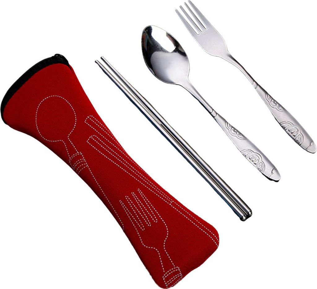 Besteckset mit Reißverschlusstasche, Reiseutensilien-Set aus Edelstahl, Gabel, Löffel, Essstäbchen, langlebige Aufbewahrungstasche für Zuhause,...