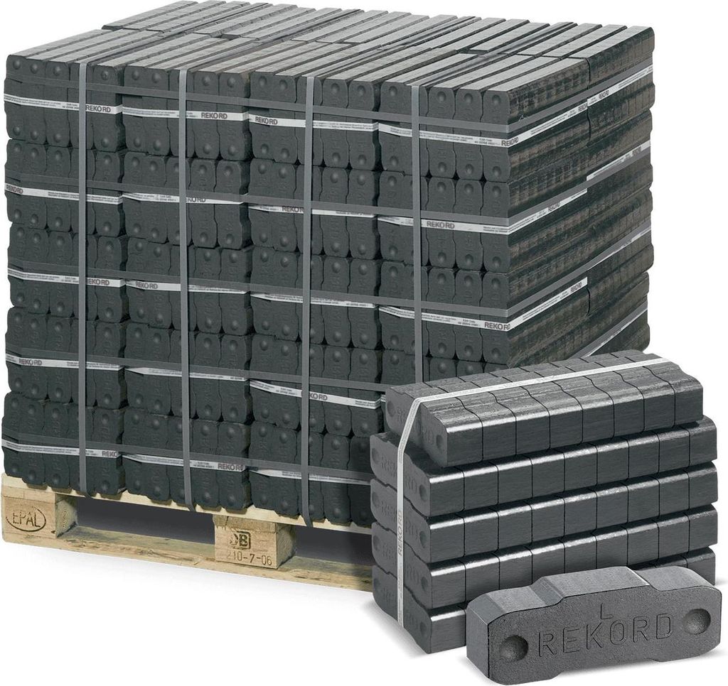 A pallet of briquettes is shown with a few briquettes in the foreground.