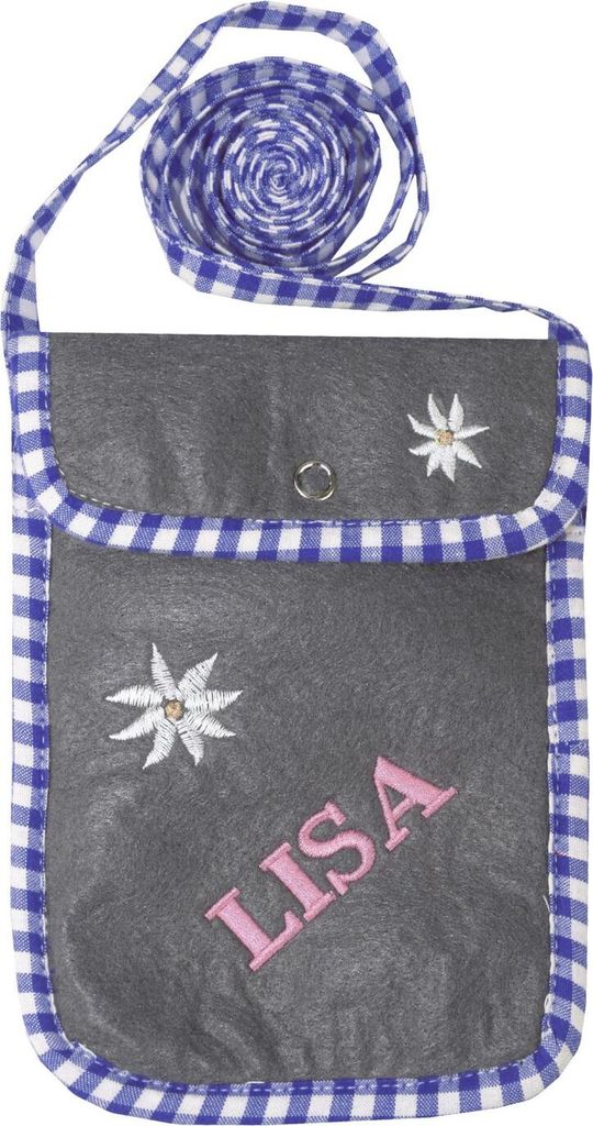 Trendige Filz Trachtentasche Handytasche für Groß und Klein - mit Wunschstickerei, Farbe:Anthrazit/Blau