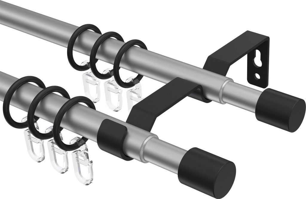 A close-up, studio shot of a double curtain rod system.