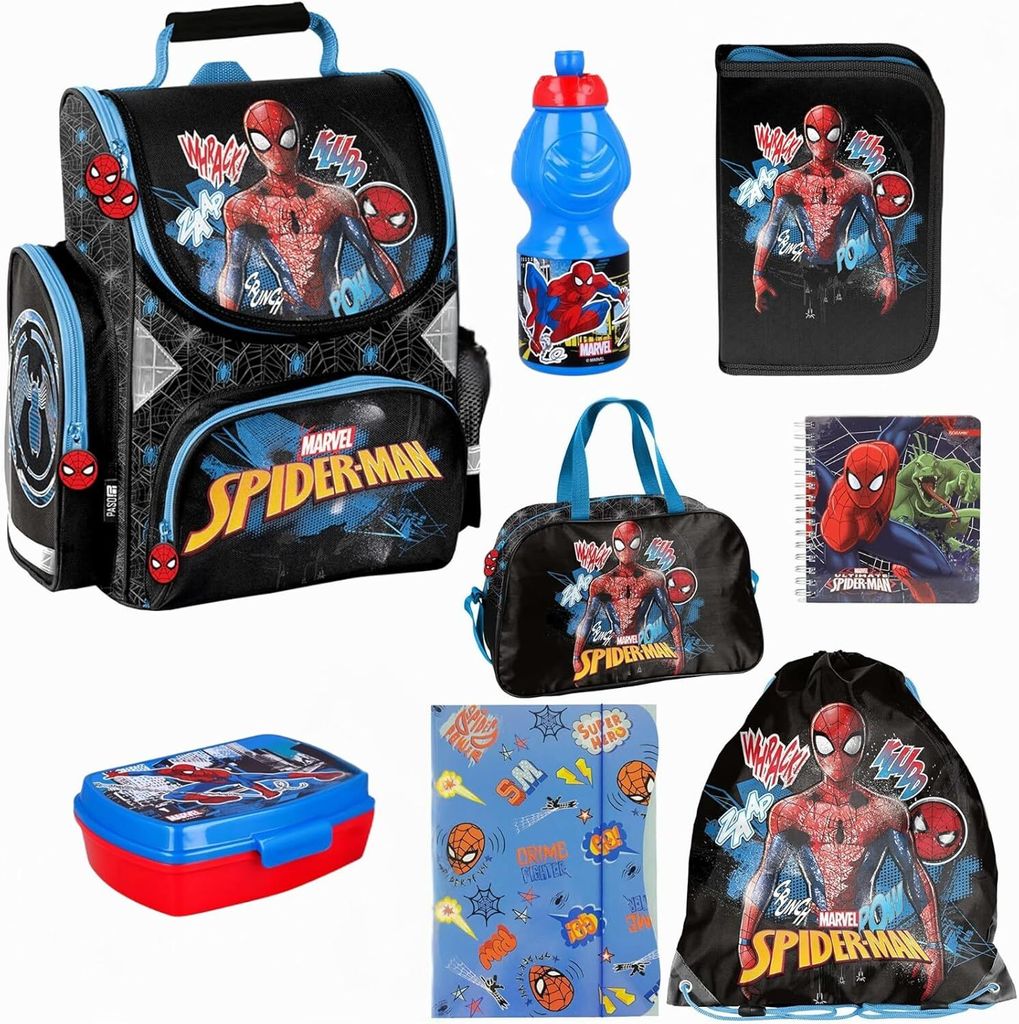 Set XXL 8er Schulranzen ergonomischer Ranzen Federmappe Notizbuch Turnbeutel Sporttasche Brotdose Trinkflasche Spiderman Motiv 1-3 Klasse