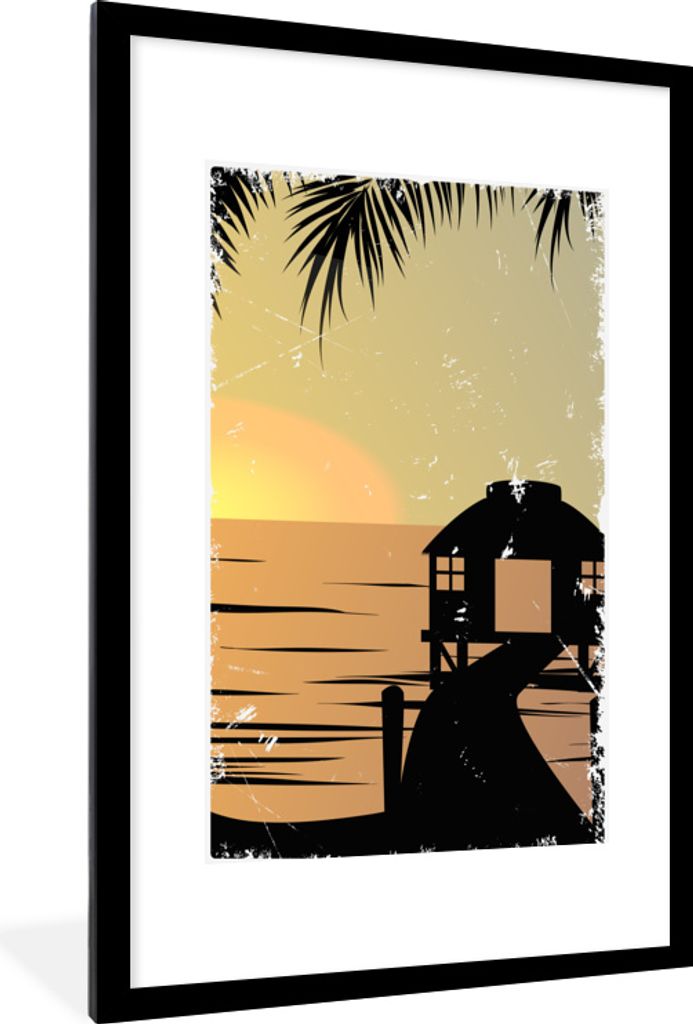 MuchoWow MuchoWow Gerahmtes Poster Hütte - Pier - Palmenblatt - Meer 60x90 cm - Poster mit zchwarzem Bilderrahmen - Dekoration - Wandposter Wo...