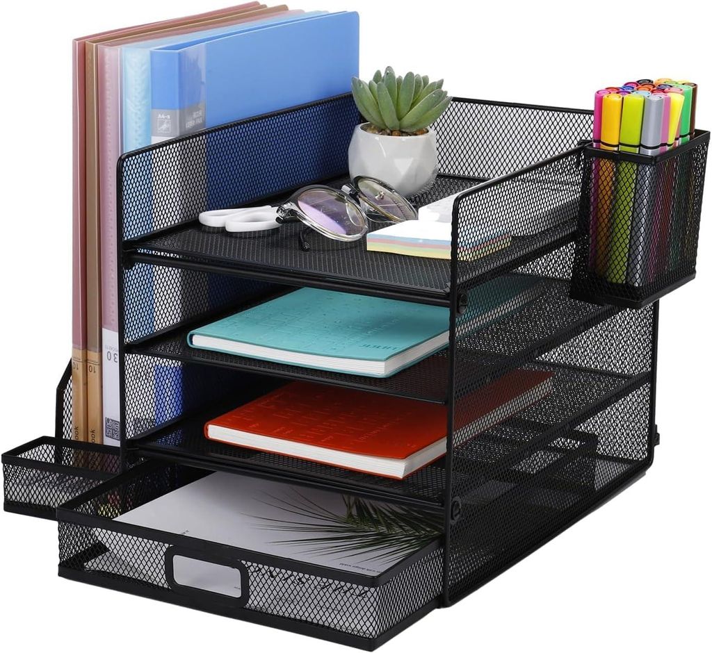 A4 Schreibtisch-Organizer aus Netzgewebe mit 3 Ablagen + Stifthalter + Dokumentenablage
