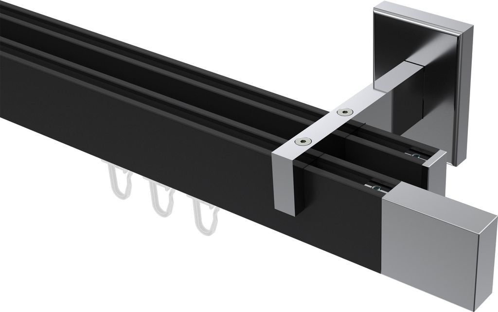 Interdeco Innenlaufstange / Gardinenstange mit Innenlauf Schwarz / Chrom, Typ Smartline Lox (Quader), 14x35 mm 2-läufig, 540 cm