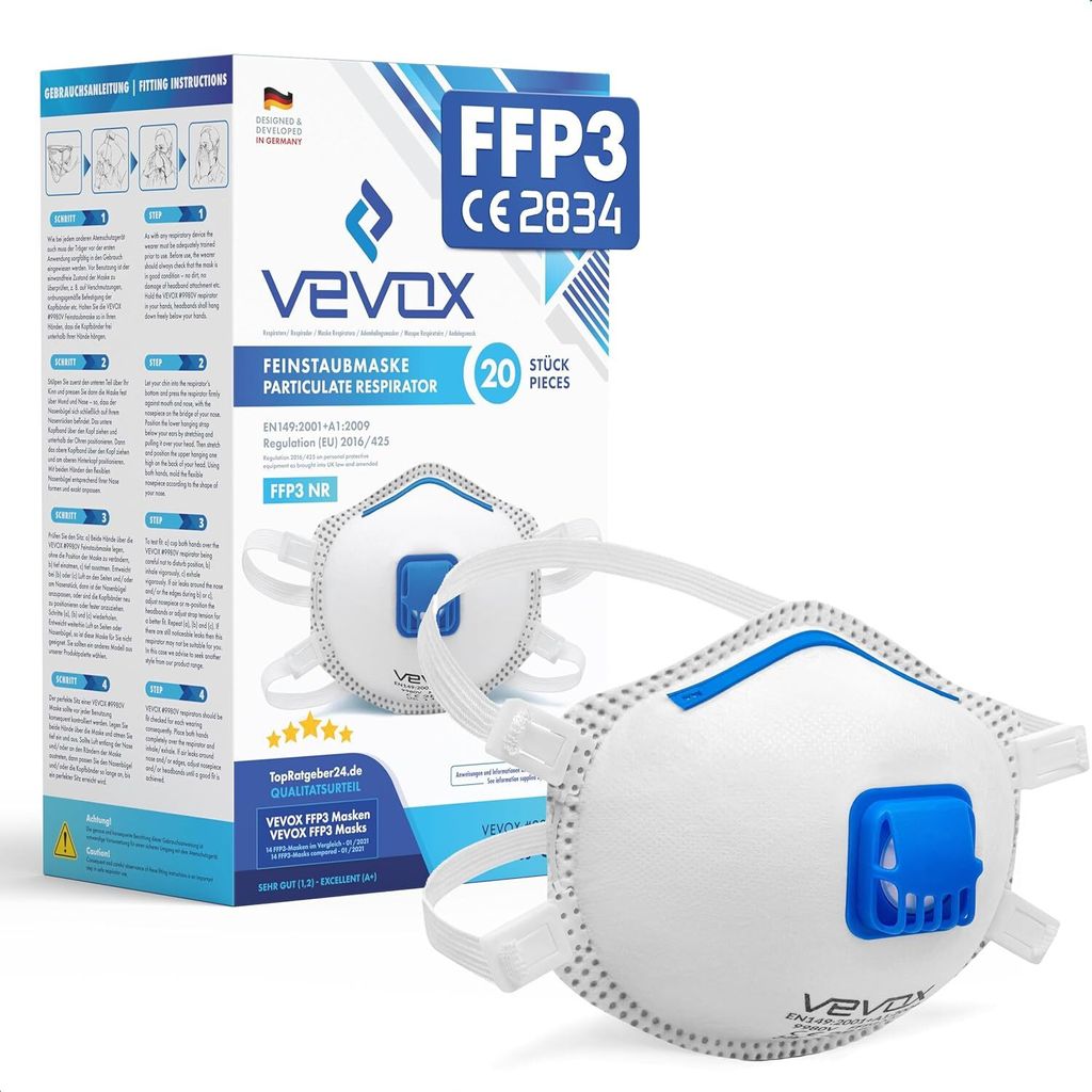 VEVOX® FFP3 Maske mit Ventil – 5er, 10er oder 20er Set – Produktbild 