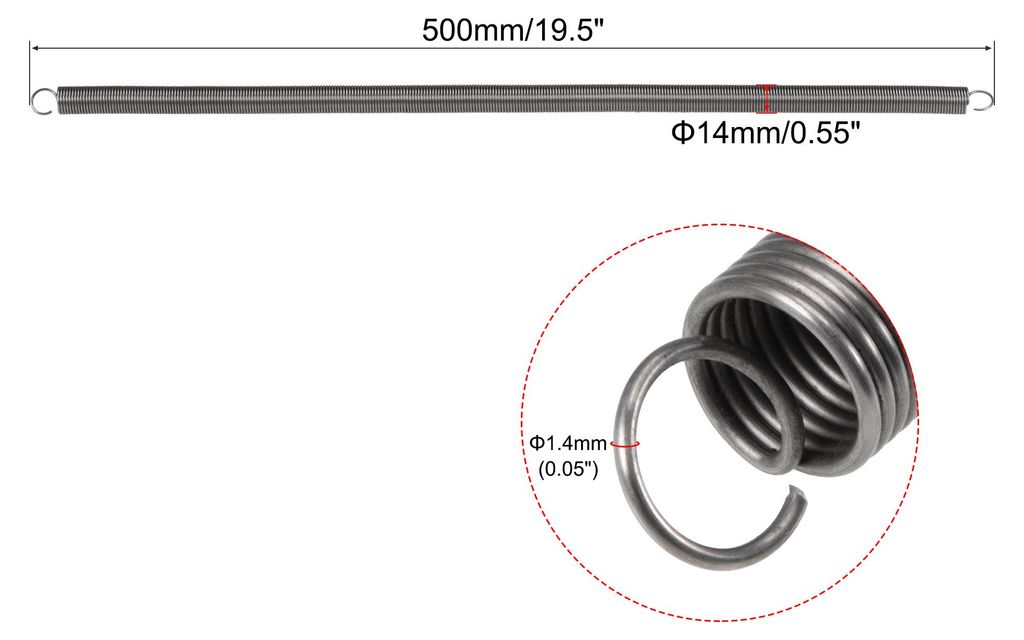 Spannfeder Zugfedern, 14 mm Au?endurchmesser, 1,4 mm Drahtst?rke, 875 mm Verl?ngerte L?nge, 500 mm Freie L?nge, Federstahl, 3,8 kg Tragf?higkeit, Grau