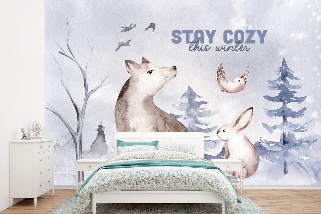 MuchoWow Fototapete für Wohnzimmer oder Schlafzimmer Wandtapete Vinyl Motivtapete Winter - Wolf - Vogel - Kaninchen - 525x350 cm - Das Hintergru...