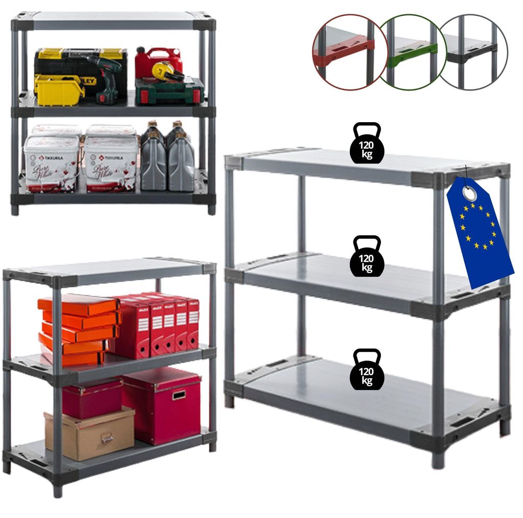 MODO24 Kunststoffregal, 3 Ablagen, 120kg/Boden, Schwerlast, Steckregal, Lagerregal, Plastikregal, Werkstatt, 98x110x46?cm, Grau, JUPITER