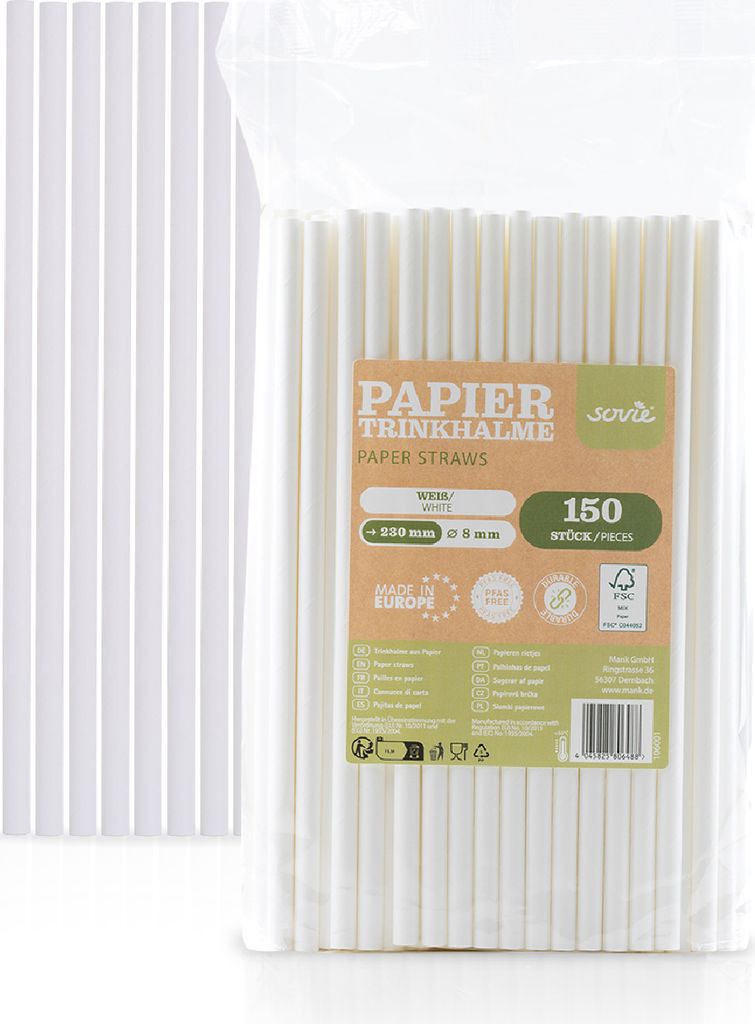 Trinkhalme in weiß aus Papier, Ø 8 mm / 23 cm, 150 Stück verpackt im Folienbeutel - Mank