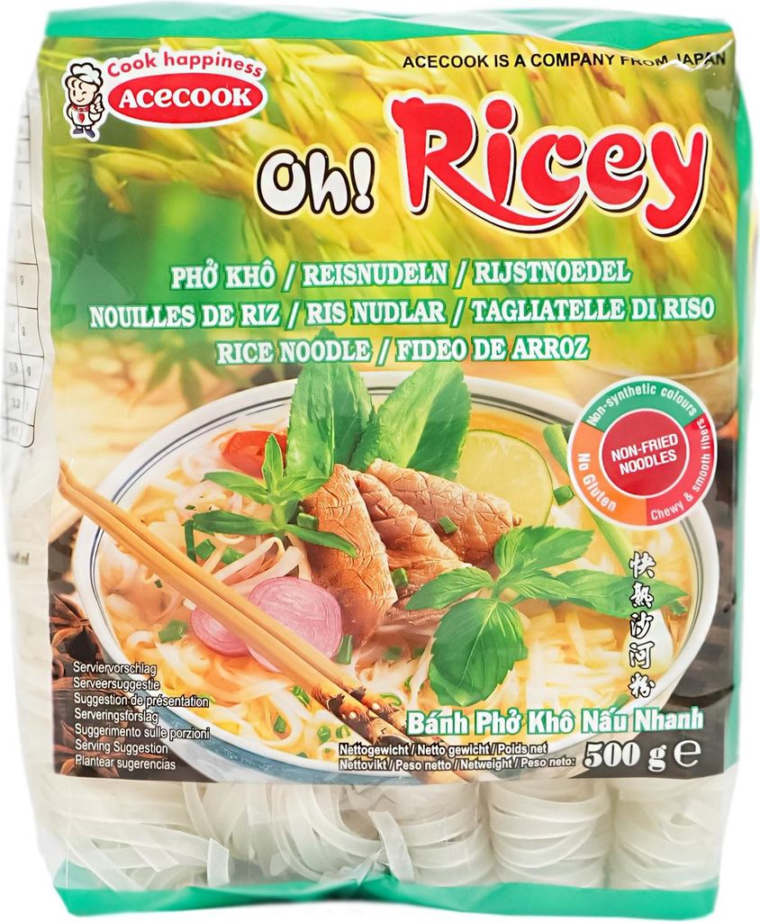 A package of rice noodles with a picture of a bowl of noodle soup.