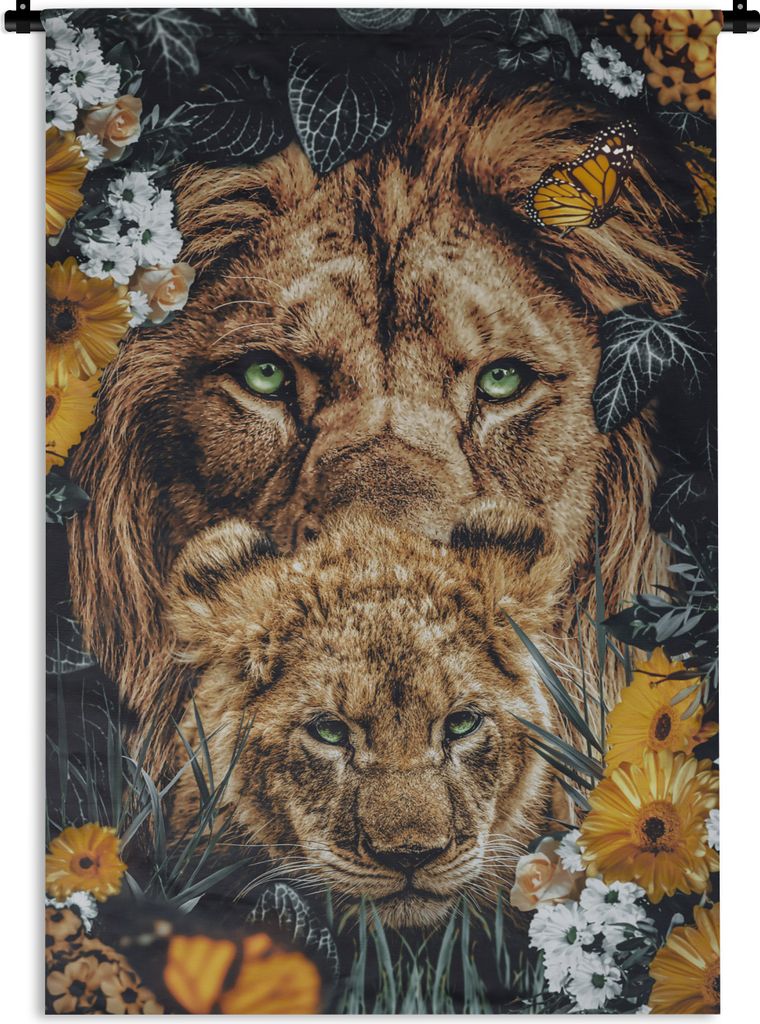 MuchoWow Wandteppich Wandbehang Löwen - Blumen - Schmetterling 120x180 cm Tapisserie Dekoration Wandtuch - Schlafzimmer - Dekorationen für das ...