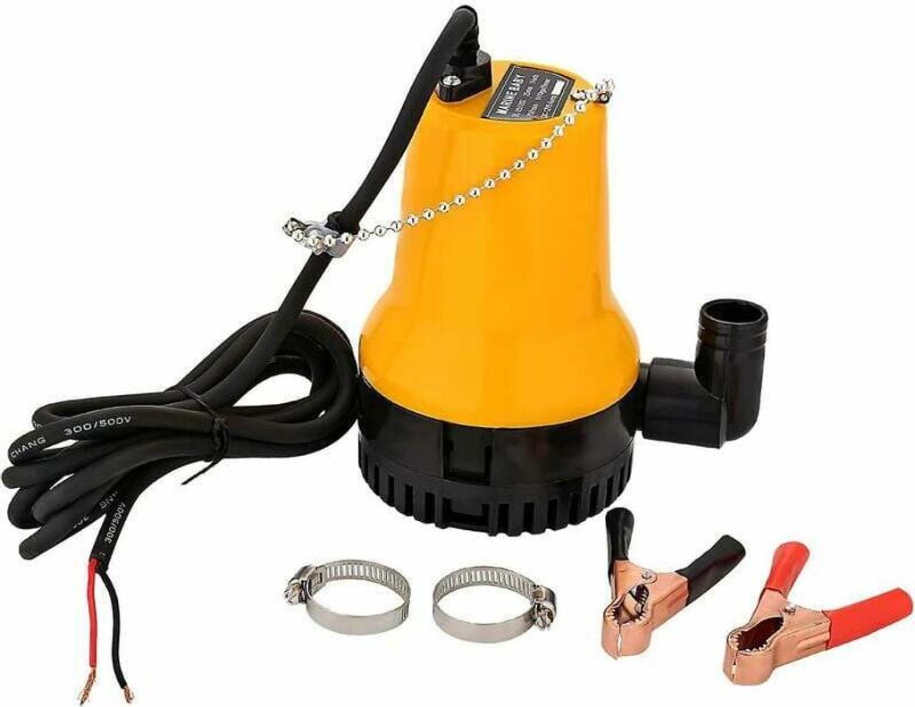 A yellow and black submersible pump with accessories.