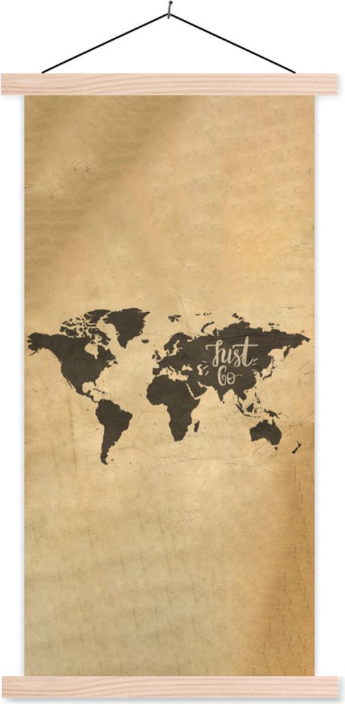 MuchoWow Textilposter Weltkarte - Karte - Sprichwörter 40x80 cm mit holzfarbenen Rahmen - Wohnzimmer