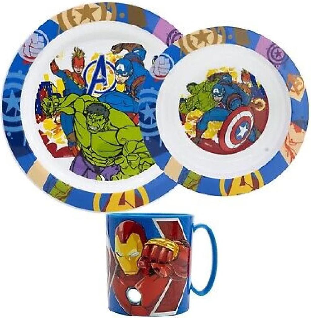 Marvel Avengers Kinder Geschirr-Set 3 teilig Becher Teller Schüssel Thor Hulk