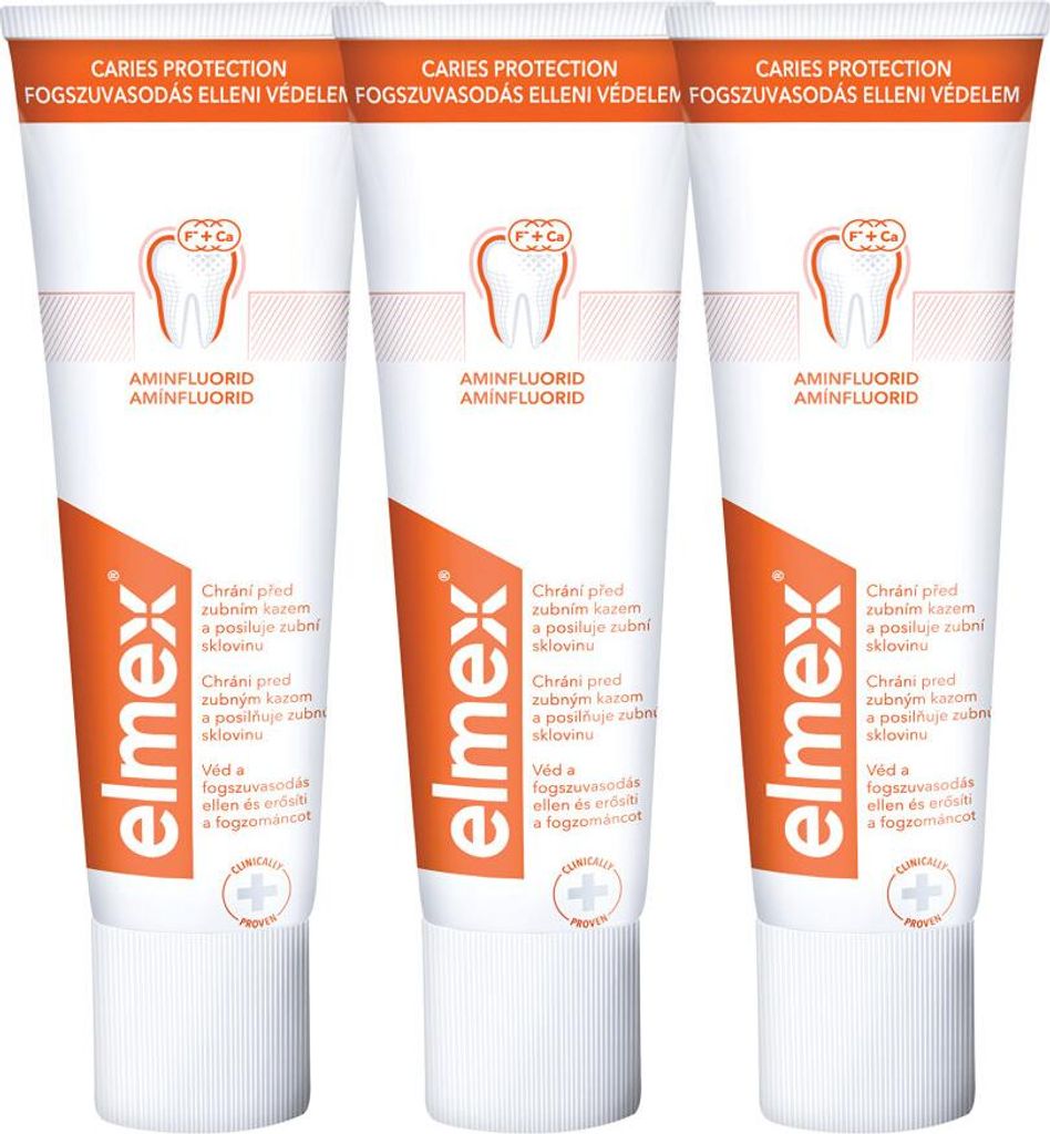 Three tubes of Elmex toothpaste are arranged side-by-side against a white background.