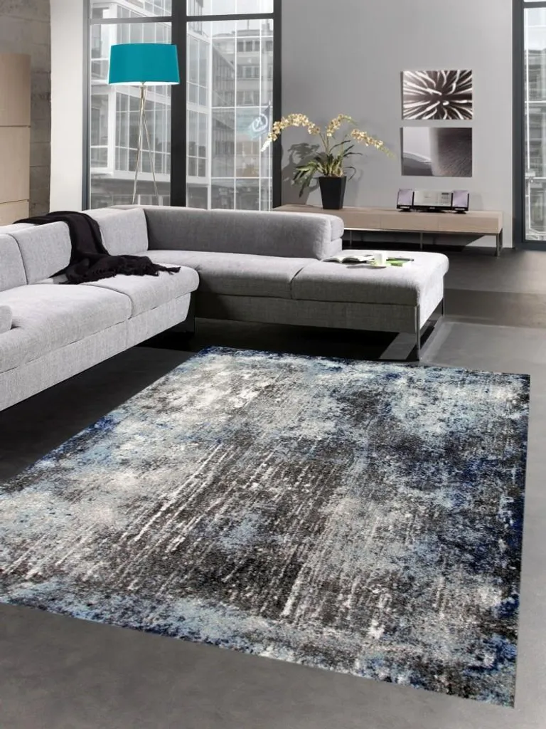 Tapis Moderne Salon Vintage Bleu Gris Noir Style Abstrait - 80x150 cm