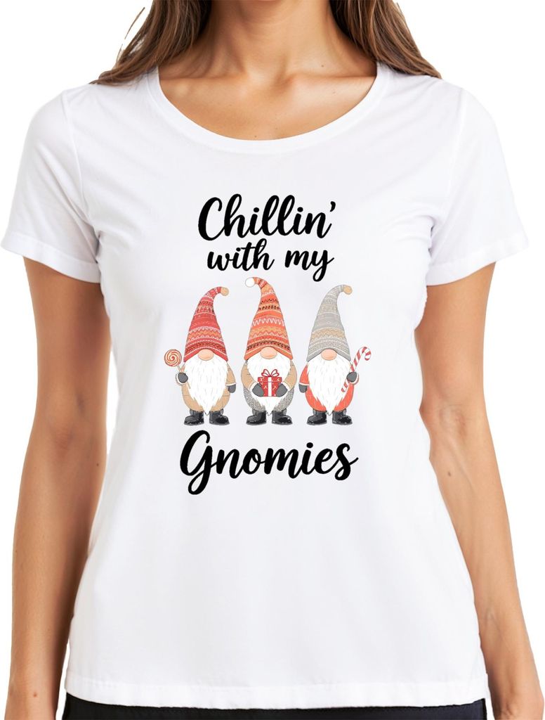 Chillin' with my Gnomies Weihnachten Weihnachtsgnome Wichtel Spaß Damen T-Shirt, Weiß, S