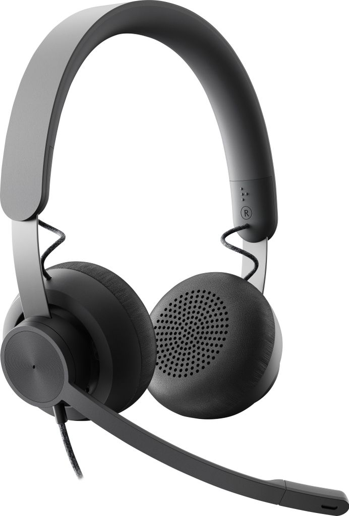 A studio shot of a black and gray headset with a microphone.
