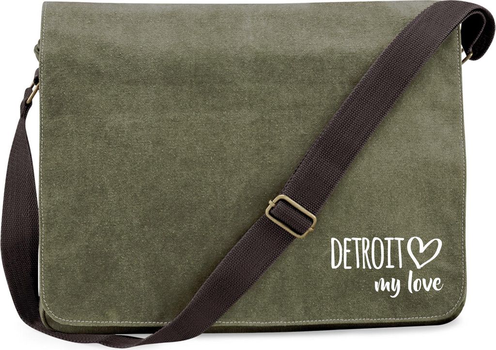 Huuraa Umhängetasche Detroit my love 14 Liter Military Green Canvas Laptoptasche Geschenkidee