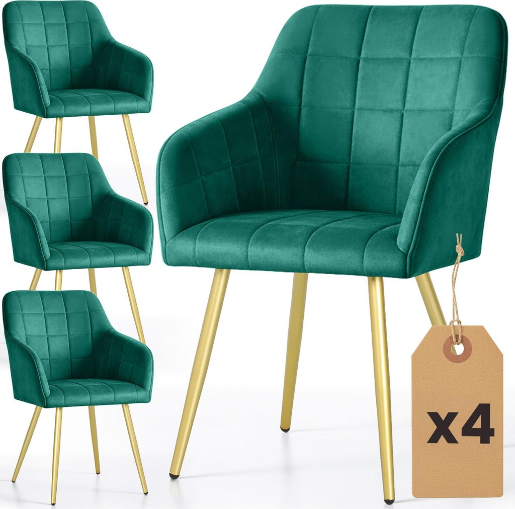 4er Set Polsterstühle mit quadratischen Ziernähten LUXANO Dunkelgrün mit goldenen Beinen