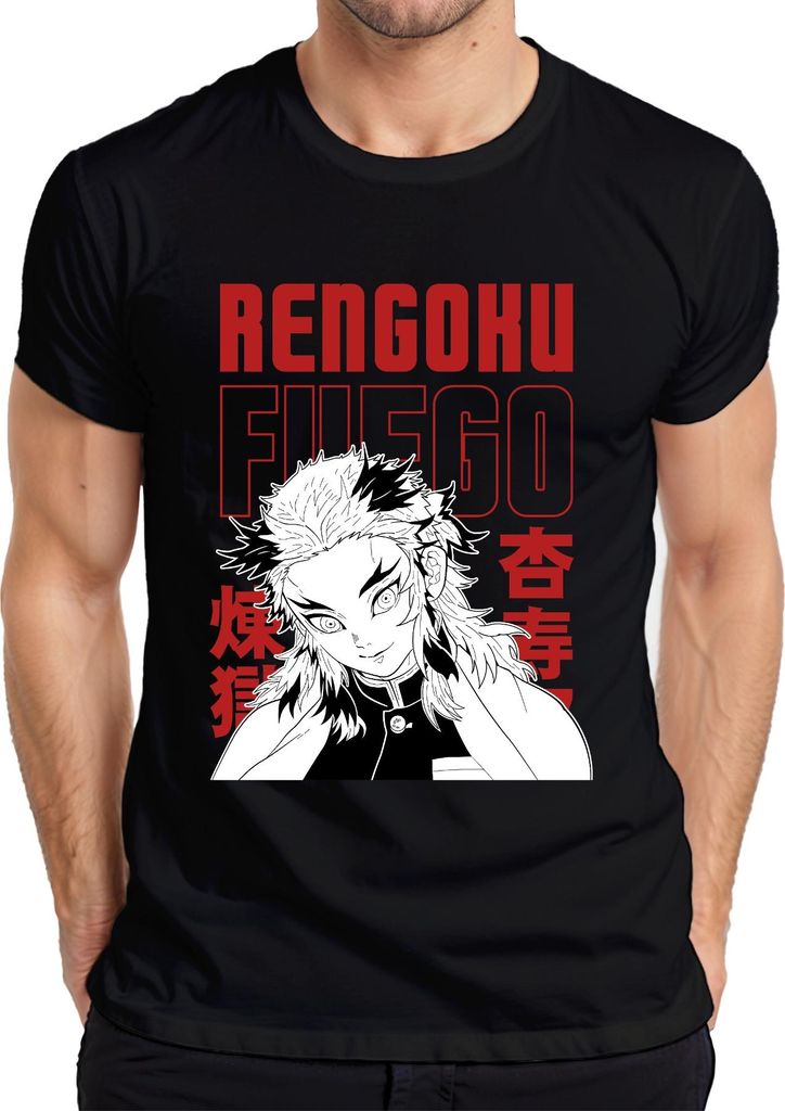 Rengoku Kyojuro Fuego Demon Slayer Flamme Anime Geschenk Vintage Herren T-Shirt, Schwarz, L