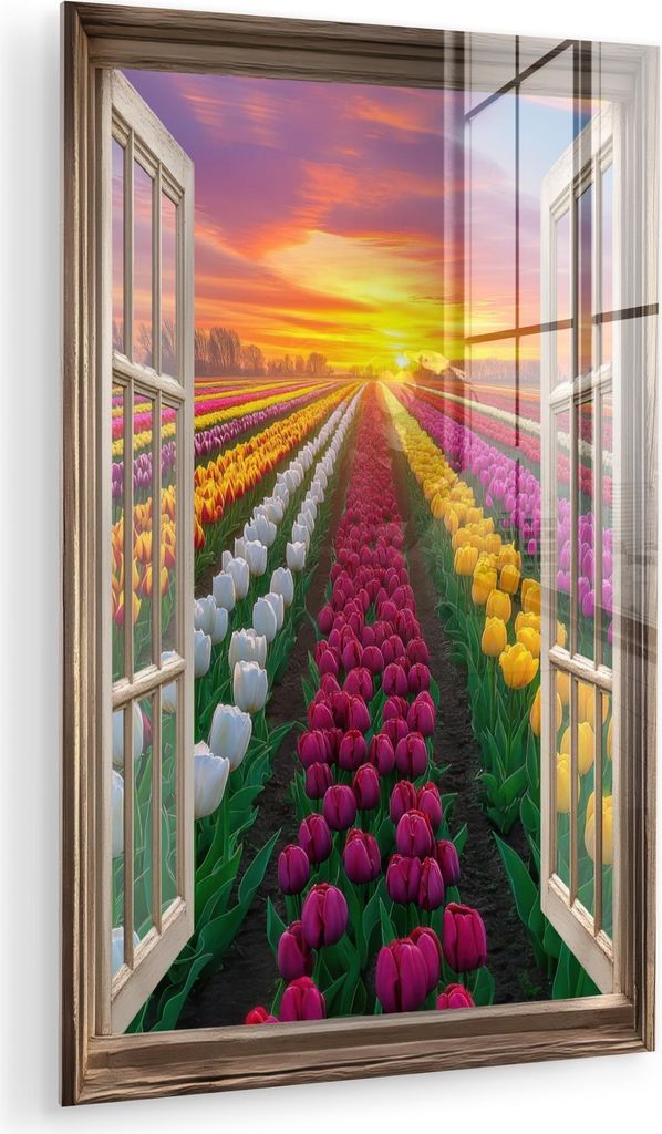 MuchoWow Glasbilder - Bilder auf Wandbild - Foto auf Glas Ansichten - Blumen - Tulpen - Farbenfroh - Sonnenuntergang 60x90 cm Wanddekoration aus Gl...
