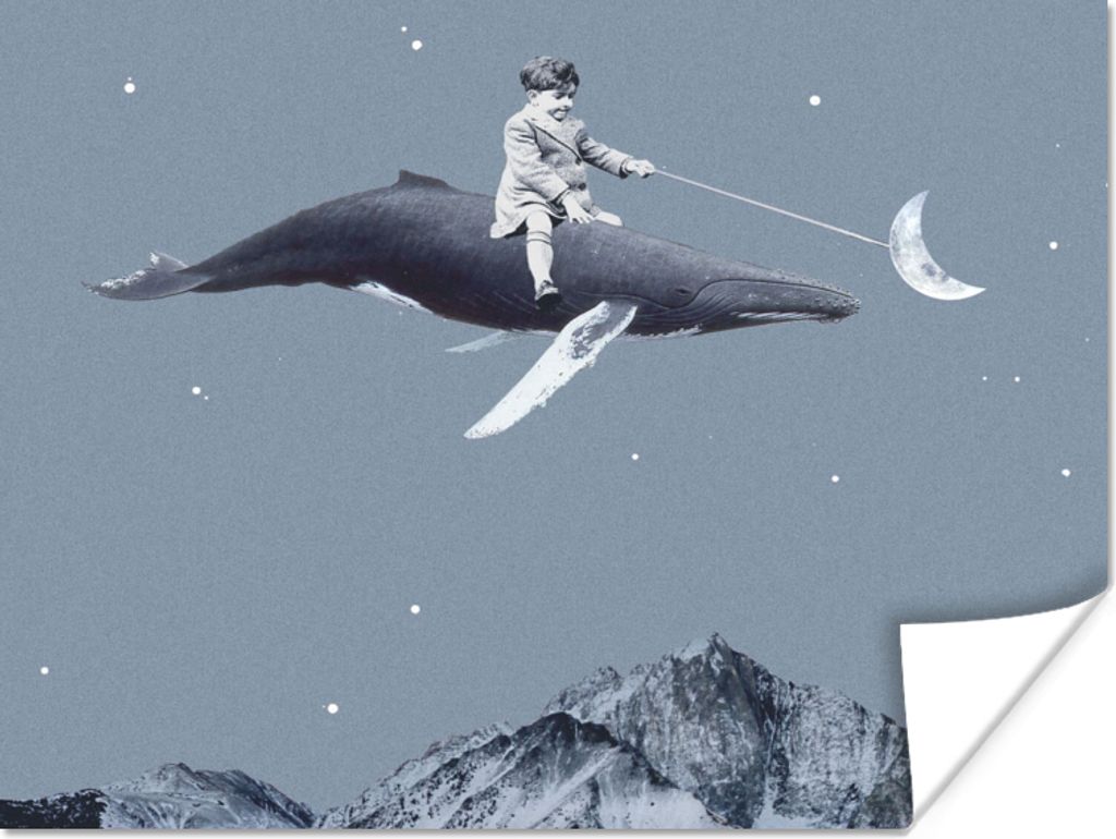 MuchoWow Poster Weltraum - Junge - Mond - Wal 80x60 cm - Kunst für zu Hause