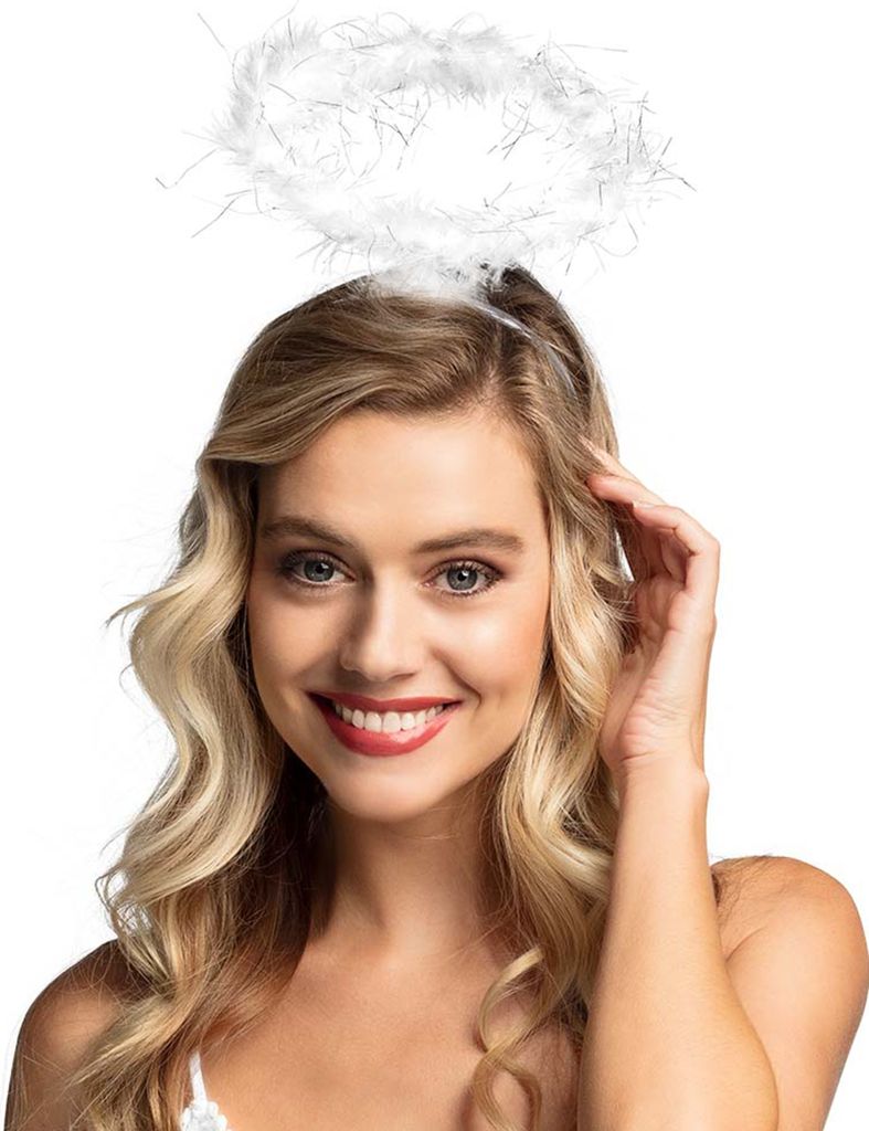 A woman wearing an angel halo.