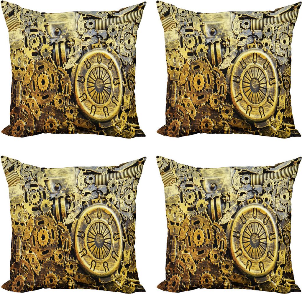 ABAKUHAUS Steampunk Kissenbezug Set (4 Stück), Vintage Machinery, Moderner Doppelseitiger Digitaldruck, 50 cm x 50 cm, Gelb Grau Dunkelbraun