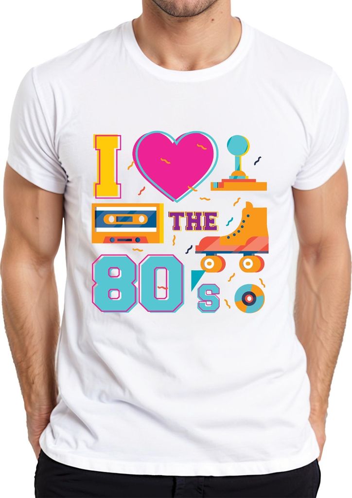 I THE 80's Retro 80er Nostalgie Rollschuhe Kassette Disco Party Herren T-Shirt, Weiß, M