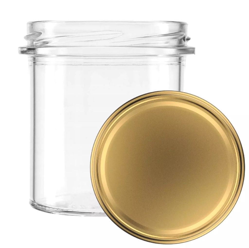 A clear glass jar with a gold lid, presented on a white background.