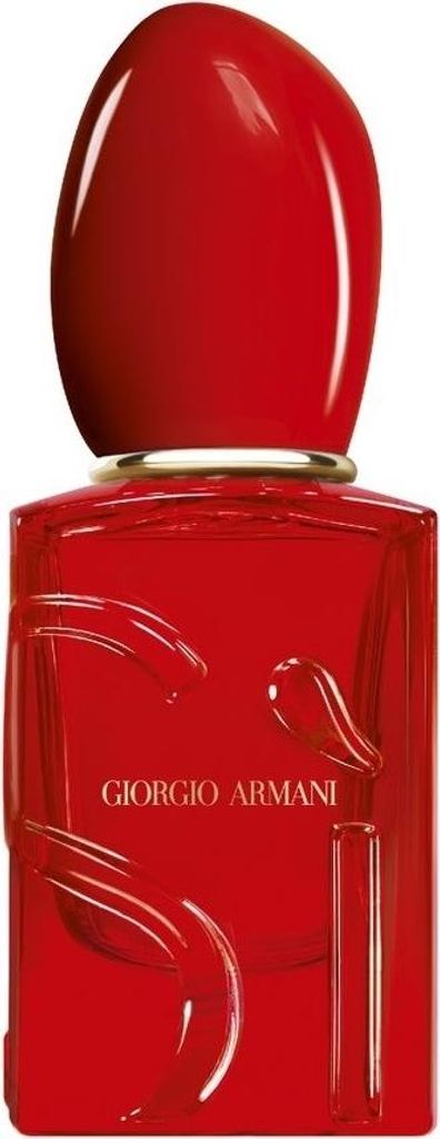 A red perfume bottle with a red cap and gold accents.