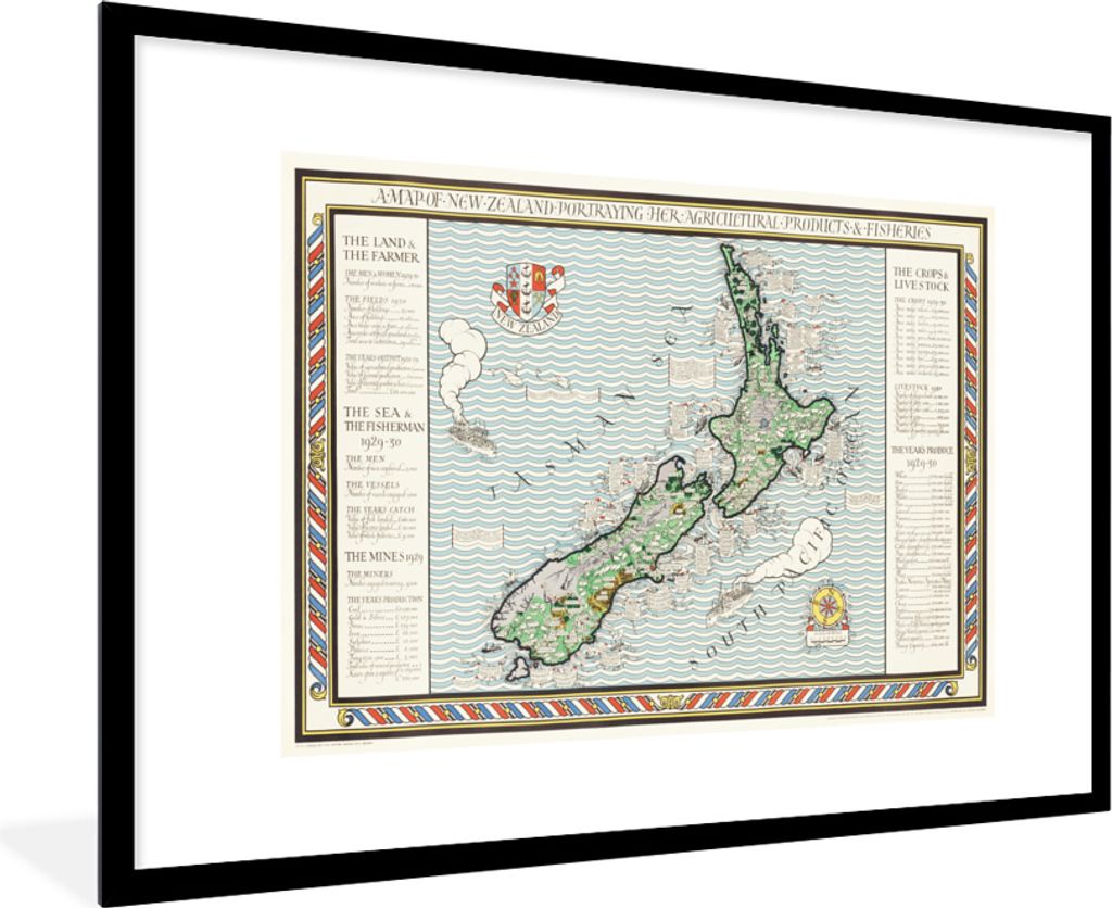 MuchoWow MuchoWow Gerahmtes Poster Karte - Neuseeland - Vintage 90x60 cm - Poster mit zchwarzem Bilderrahmen - Wanddekoration - Fotos