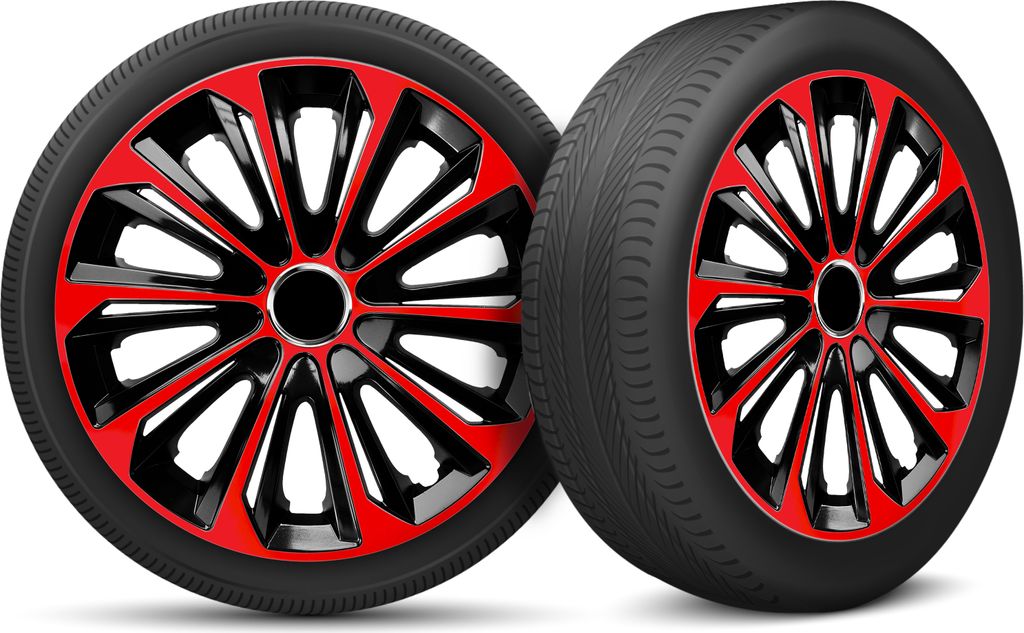 Auto Radkappen Radzierblenden 4er Set passend für alle Stahlfelgen - einstellbarer Sicherungsring - 14 Zoll - Schwarz Rot