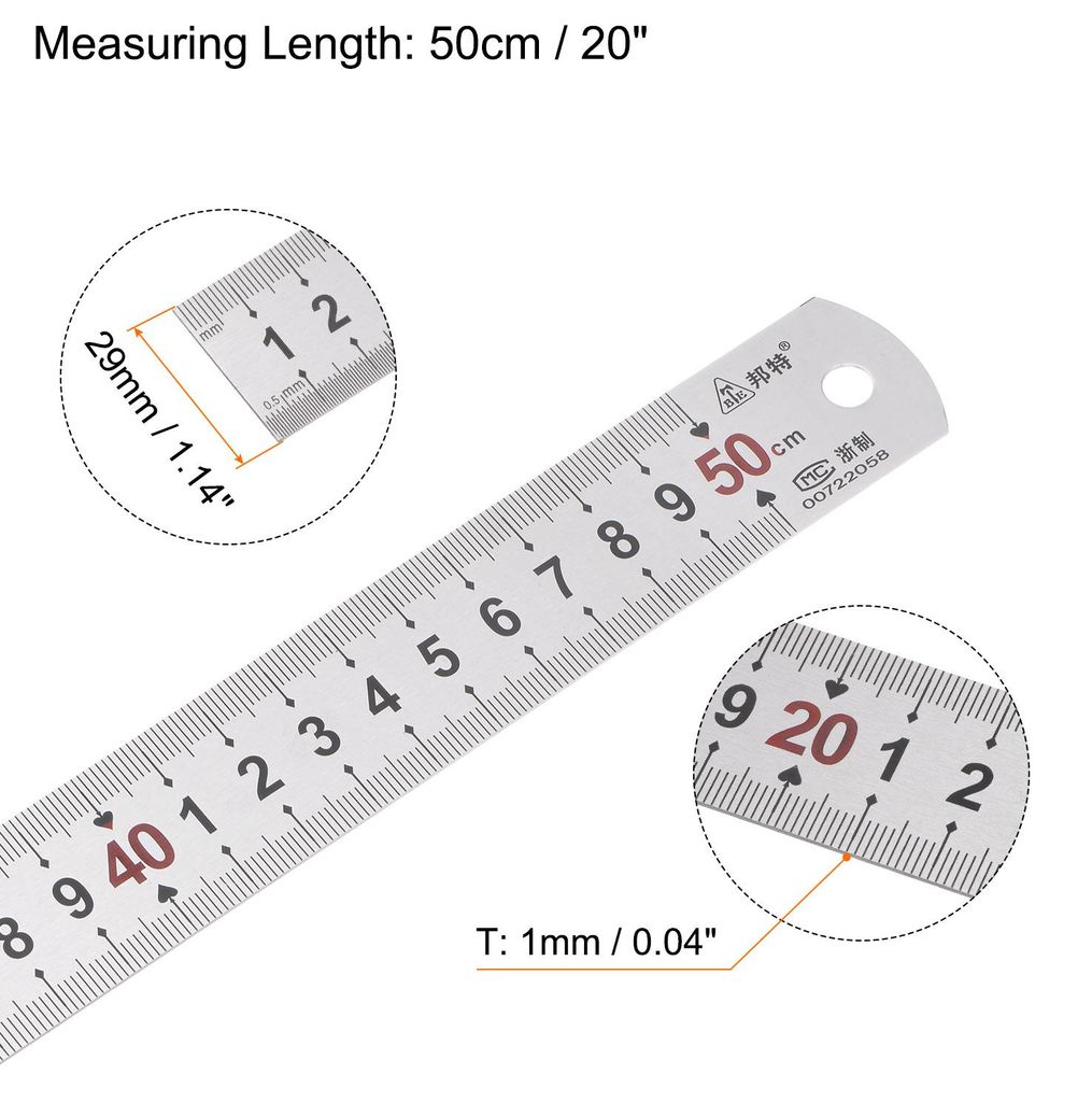 Lineal aus Edelstahl, 20 Zoll/50 cm, Metalllineale, 1,14 Zoll breit, Zoll und metrische Graduierung, gerades Kantenmessger?t
