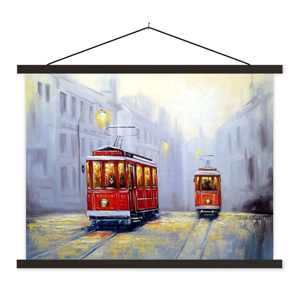 MuchoWow Textilposter Gemälde - Straßenbahn - Stadt - Öl 120x90 cm mit schwarzem Rahmen - Aufhänger für Poster