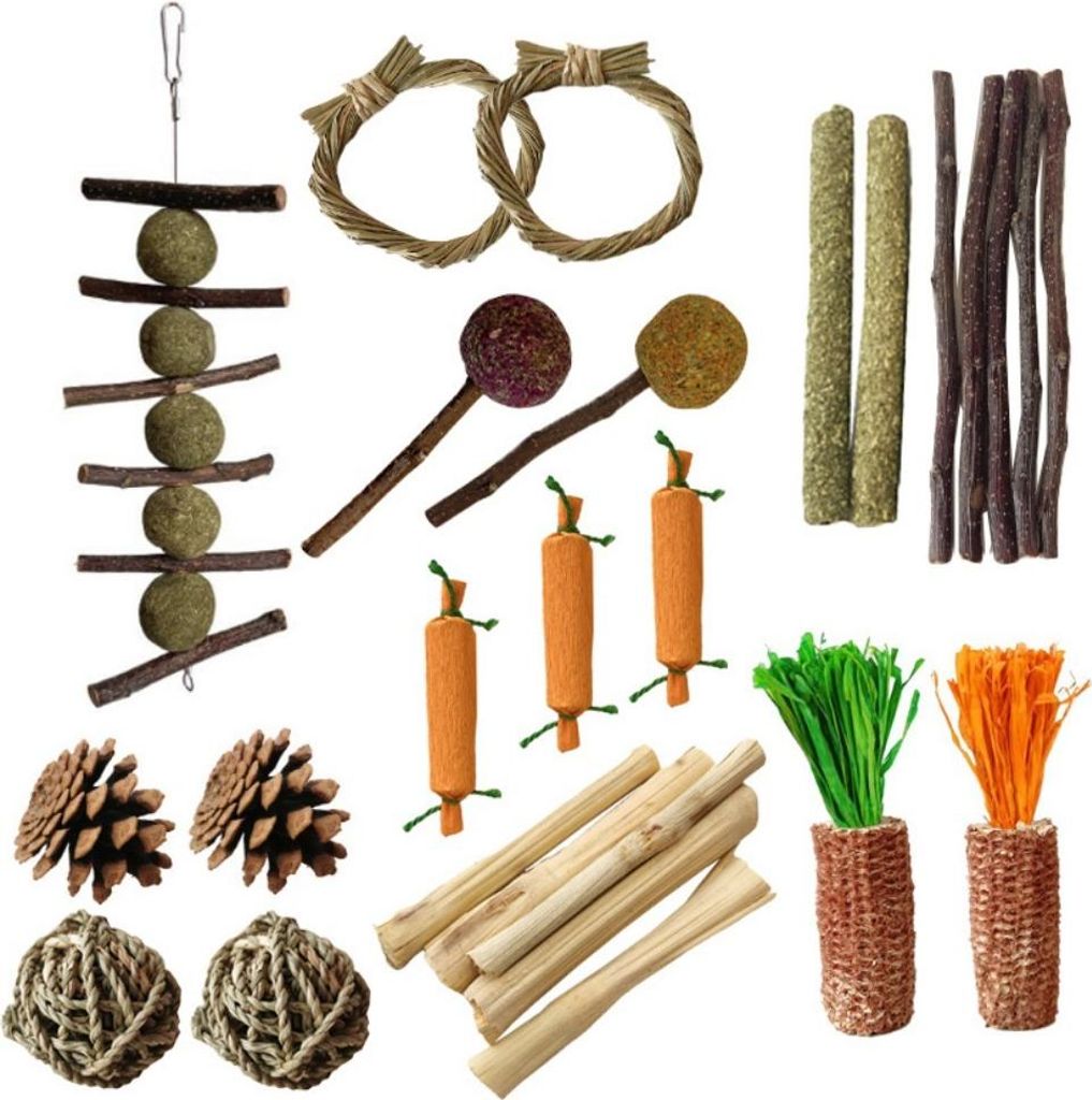 Toys Bunny Toys 26Pcs Natural Timothy Hay Sticks & Lollipop Apple Wood Sticks Handmade for Guinea Pig Hamster Rat Chinchilla